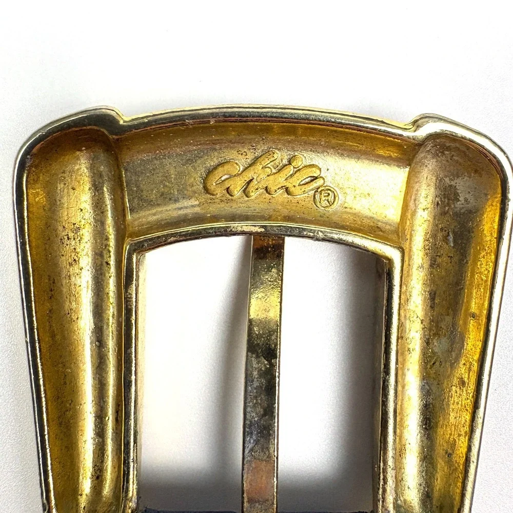 VTG 80s Chic Brand Braided Genuine Leather Belt Womans Sz L Navy Blue‎ Gold Tone